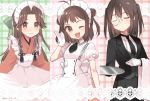  3girls antenna_hair apron black_eyes black_neckwear bow brown_eyes brown_hair butler cowboy_shot double_bun dress female_butler frilled_apron frills gloves green_bow hair_bow hair_intakes half_updo japanese_clothes jintsuu_(kantai_collection) kantai_collection kimono koruri maid maid_headdress monocle multicolored multicolored_background multiple_girls naka_(kantai_collection) necktie one_eye_closed orange_kimono plaid plaid_background ribbed_dress sendai_(kantai_collection) short_hair smile towel tray tuxedo two_side_up wa_maid waitress white_apron white_dress white_gloves 