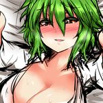  blush breasts breath cleavage dress_shirt face green_hair kazami_yuuka large_breasts lying on_back open_clothes open_shirt outstretched_arms pov red_eyes roki_(hirokix) shirt short_hair sketch smile solo sweat touhou 