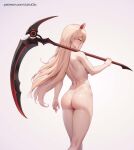  1girl ai-assisted ass aztodio back blonde_hair blush breasts chainsaw_man completely_nude demon_horns floating_hair from_behind holding holding_scythe horns long_hair medium_breasts nude patreon_username power_(chainsaw_man) red_horns scythe solo very_long_hair web_address white_background yellow_eyes 