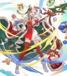  1girl attack blue_eyes cape christmas_ornaments cookie diamond_print dress edelgard_von_hresvelg edelgard_von_hresvelg_(snowfall_future) fake_horns fire_emblem fire_emblem:_three_houses fire_emblem_heroes food gift gingerbread_man gloves green_cape high_heels highres holding holding_polearm holding_weapon horns long_hair multicolored_clothes multicolored_dress non-web_source official_alternate_costume official_art open_mouth polearm red_cape red_dress red_thighhighs simple_background solo teeth teffish thighhighs upper_teeth_only v-shaped_eyebrows weapon white_background white_dress white_footwear white_gloves white_hair 