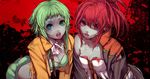  breasts cleavage cul fangs green_eyes green_hair grey_skin gumi jacket long_hair medium_breasts megpoid_(vocaloid3) messy_hair multiple_girls open_mouth ponytail red_eyes red_hair short_hair small_breasts stitches torn_clothes uprightleftdownchuchuchu vocaloid zombie 