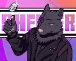 alon_e_wolf_(shelter) anthro black_body black_fur black_trenchcoat canid canine canis clothed clothing coin coin_toss digital_media_(artwork) eye_patch eyewear front_view fur gesture glint male mammal monotone_body monotone_fur neck_tuft pawpads pink_nose pink_pawpads pixel_(artwork) raised_arm red_eyes shelter_vn simple_background solo thumbs_up title tuft visual_novel wolf xkk58025253