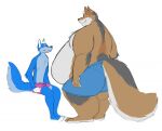 anthro belly big_belly butt canid canine canis clothing conell coyote duo eye_contact looking_at_another male male/male mammal overweight overweight_anthro overweight_male rear_view sitting size_difference skinny smaller_male smile soft_belly standing tail thick underwear wolf