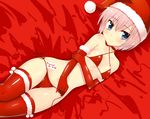  bell blue_eyes breasts card choker elbow_gloves english gift gift_card gloves hat jingle_bell lingerie looking_at_viewer lying original panties pink_hair santa_hat short_hair side-tie_panties small_breasts smile solo teruteru-deru thighhighs underwear undressing 