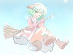 animal_ears bamboo_broom boots bow broom dress fang green_eyes green_hair highres kasodani_kyouko mittens one_eye_closed open_mouth shino_megumi short_hair snow solo tail touhou wild_and_horned_hermit 