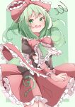  1girl absurdres arm_ribbon bow cowboy_shot dress frilled_dress frilled_ribbon frills front_ponytail green_eyes green_hair highres kagiyama_hina open_mouth red_bow red_ribbon ribbon saimu_taju solo touhou 