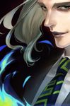  bad_id bad_pixiv_id blue_fire close-up fire formal green_eyes grey_eyes grey_hair lips long_hair male_focus necktie ogawa_kuro pale_skin silver_hair smile solo suit tiger_&amp;_bunny yuri_petrov 