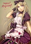  alice_(wonderland) alice_(wonderland)_(cosplay) alice_in_wonderland apron axis_powers_hetalia bad_id bad_pixiv_id belarus_(hetalia) blonde_hair blood bow cosplay dress gloves hair_bow hair_ribbon halloween happy_halloween long_hair pantyhose petticoat purple_eyes ribbon riku_(me-in) solo 