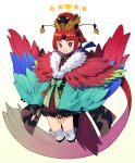  1girl absurdly_long_hair armor benienma_(fate) benienma_(third_ascension)_(fate) bird_hat black_bow blue_sleeves bow bright_pupils brown_kimono commentary_request fate/grand_order fate_(series) feather-trimmed_sleeves feet_up full_body fur_collar green_bow green_sleeves hair_bow hair_flaps holy_grail_(fate) japanese_armor japanese_clothes kimono kote kurokote long_hair looking_at_viewer low_ponytail multicolored_sleeves obi obijime open_mouth over-kneehighs red_eyes red_hair red_sleeves sash short_kimono smile solo somemiya_suzume star_(symbol) thighhighs very_long_hair waist_bow white_pupils 