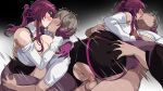  1boy 1girl ass ass_grab bare_shoulders black_shorts boots breasts caelus_(honkai:_star_rail) censored commentary_request cowgirl_position french_kiss gloves gradient_background hella_p hetero honkai:_star_rail honkai_(series) kafka_(honkai:_star_rail) kiss korean_commentary large_breasts long_hair long_sleeves looking_at_another male_pubic_hair mosaic_censoring open_mouth penis pince-nez ponytail pubic_hair purple_gloves purple_hair saliva shirt shirt_tucked_in short_sleeves shorts straddling thighs trailblazer_(honkai:_star_rail) vaginal white_shirt 