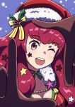  1girl absurdres bodysuit cianter facial_mark fire_emblem fire_emblem_engage fire_emblem_heroes hair_ornament hat highres holly_hair_ornament looking_at_viewer official_alternate_costume open_mouth red_bodysuit red_eyes red_hair santa_hat star_(symbol) star_facial_mark star_hair_ornament yunaka_(fire_emblem) yunaka_(fire_emblem)_(spirited_envoy) 