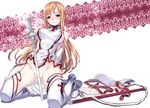  asuna_(sao) bad_id bad_pixiv_id blush boots censored convenient_censoring detached_sleeves half_updo long_hair long_legs matsuryuu no_panties planted_sword planted_weapon sheath solo sword sword_art_online thigh_boots thighhighs weapon 