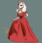 amber_eyes anthro askart blue_eyes braless clothed clothing domestic_cat dress ear_piercing ear_ring felid feline felis female fur hair heterochromia hi_res holding_clothing holding_dress holding_object ketty_(askart) long_hair looking_back mammal off_shoulder piercing pink_nose red_clothing red_dress ring_piercing solo white_body white_fur white_hair