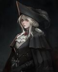  1girl ascot black_background black_coat black_headwear bloodborne blouse brooch buttons cinderone closed_mouth coat collar commentary english_commentary grey_hair hat hat_feather highres jewelry lady_maria_of_the_astral_clocktower lips long_hair looking_at_viewer parted_bangs ponytail shirt sidelocks solo threaded_cane tricorne white_ascot white_shirt 