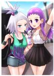  2girls alternate_costume blue_eyes blurry blurry_background collarbone commentary_request cowboy_shot cup denim denim_shorts disposable_cup frappuccino grey_hair guitar_case hair_down high-waist_skirt highres instrument_case janine_(pokemon) looking_at_viewer makita_(mugitya3776) multiple_girls pokemon pokemon_bw2 pokemon_hgss purple_eyes purple_hair roxie_(pokemon) shorts skirt smile topknot wristband 