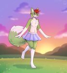 2023 anthro big_tail biped black_nose blep blue_eyes blush bottomwear canid canine clothed clothing crossdressing dipstick_tail fleurfurr fluffy fox fur girly grass green_body green_ears green_fur green_tail hair hi_res male mammal markings miniskirt monotone_ears monotone_hair multicolored_body multicolored_fur on_one_leg one_leg_up partially_clothed plant purple_bottomwear purple_clothing purple_skirt raised_leg red_hair skirt solo standing sunrise tail tail_markings tongue tongue_out topless two_tone_body two_tone_fur two_tone_tail watermark white_body white_fur white_tail