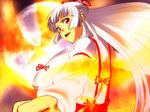  anime_coloring bad_id bad_pixiv_id bird bow fire fujino_miyabi fujiwara_no_mokou full_moon hair_bow hime_cut long_hair looking_back moon open_mouth outstretched_arm phoenix red_eyes solo suspenders touhou white_hair 