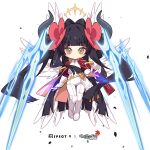 +_+ 1girl absurdres black_hair chibi closed_mouth demon_horns diein_(djmax) djmax feathered_wings floating floating_object floating_weapon flower hair_flower hair_ornament halo highres horns mamo_c maplestory non-web_source red_flower solo source_request sword weapon white_wings wings yellow_eyes 