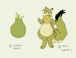 2019 ambiguous_gender anthro belly big_belly black_eyes black_tail_tip brown_chest brown_markings brown_spots countershading digital_media_(artwork) dragon english_text female_(lore) food front_view fruit full-length_portrait fur furred_dragon green_body green_fur green_hair green_tail hair kali_(thorn_paw) kerchief leaf leg_markings markings navel neckerchief pear plant portrait scales simple_background solo spots standing steps tail tail_tuft tan_background tan_body tan_countershading tan_scales text thorn_paw tuft yellow_kerchief yellow_neckerchief