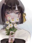  1girl black_hair blue_eyes blush commentary_request flower flower_request grey_background hair_ribbon highres holding holding_flower jewelry looking_at_viewer multiple_rings original ribbon ring short_hair simple_background solo white_flower yellow_ribbon yurosuke 