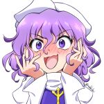  1girl blue_eyes blush embarrassed grey_hair hands_on_own_cheeks hands_on_own_face hat lapel_pin letty_whiterock long_sleeves looking_at_viewer medium_hair open_mouth purple_hair rakkidei scarf short_hair solo touhou wavy_hair white_background white_headwear white_scarf 