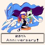  1girl anniversary bike_shorts blue_hair celebi cellphone closed_eyes cropped_jacket dialogue_box game_boy game_boy_color gs_ball handheld_game_console hat holding holding_handheld_game_console holding_phone kneeling kris_(pokemon) limited_palette phone poke_ball pokemon pokemon_(creature) pokemon_gsc shoes smile sneakers suicune turtleneck twintails tyako_089 