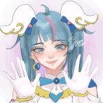  1girl aegyo_sal ahoge blue_eyes blue_hair blush closed_mouth commentary cure_sky gloves hands_up highres hirogaru_sky!_precure looking_at_viewer precure signature solo twintails upper_body white_gloves yurosuke 