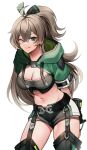  1girl ;q absurdres arms_behind_back black_shorts black_thighhighs blush breasts brown_hair cleavage closed_mouth commentary_request elsword green_eyes groin hair_between_eyes highres hood hood_down leaning_forward lithia_beryl_(elsword) long_hair looking_at_viewer medium_breasts navel one_eye_closed ponytail short_shorts short_sleeves shorts shrug_(clothing) simple_background smile solo thighhighs tongue tongue_out very_long_hair white_background xes_(xes_5377) 