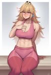  1girl abs absurdres blue_eyes blush breasts cleavage crown earrings hand_on_own_chest heart highres jewelry large_breasts looking_at_viewer mario_(series) muscular muscular_female pants princess_peach sitting solo speedl00ver tank_top thick_thighs thighs yoga_pants 