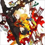  alcohol armor bad_id bad_pixiv_id blonde_hair brown_eyes brown_hair cake cape card chair cross earrings falling fate/stay_night fate/zero fate_(series) food gilgamesh jewelry kotomine_kirei kuroihato male_focus multiple_boys playing_card red_eyes spill wine 