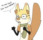 2014 aliasing ambiguous_gender anthro black_text bluekyokitty brown_body brown_fur brown_inner_ear_fluff brown_nose canid canine das_(sebdoggo) dialogue digital_drawing_(artwork) digital_media_(artwork) dot_eyes eyewear fennec flat_colors fox fur german_text glasses green_scarf half-length_portrait handpaw handwritten_text inner_ear_fluff low_res mammal markings mostly_nude nonbinary_(lore) open_mouth paws portrait raised_tail rectangular_glasses scarf scarf_only sebdoggo semi-anthro simple_background solo speech_bubble striped_markings stripes tail tan_body tan_fur text tuft wearing_glasses white_background yellow_body yellow_fur yellow_inner_ear