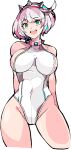  absurdres adapted_costume bodysuit breasts collar covered_navel elphelt_valentine enpe green_eyes guilty_gear guilty_gear_strive hairband highres large_breasts open_mouth pink_hairband sideboob smile spiked_collar spiked_hairband spikes white_bodysuit white_hair 