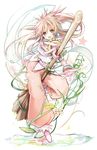  arche_klein bracelet broom broom_riding brown_eyes flower full_body gloves jewelry long_hair messy_hair pants pink_hair pink_pants ponytail shino_(eefy) shoes smile solo star star-shaped_pupils symbol-shaped_pupils tales_of_(series) tales_of_phantasia wide_ponytail 