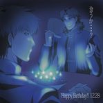  :t bad_id bad_pixiv_id birthday blue candle cross dual_persona eating fate/stay_night fate/zero fate_(series) food highres kotomine_kirei male_focus mapo_doufu multiple_boys puffy_cheeks sbcp spoon translated younger 