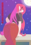 backsack balls breasts butt clothing cute_expression cute_eyes female female/female genitals georgesabertooth hair hands_behind_back hi_res hip_markings human leg_markings mammal markings moon night pink_hair pinup pose rear_view solo star thigh_markings vampire wide_hips