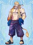  1boy animal_ears arm_tattoo armband bara blue_background braid braided_ponytail dairoku_ryouhei earrings facial_hair full_body furry furry_male hair_over_one_eye hands_in_pockets highres hood hooded_jacket jacket jewelry key_lue long_hair momoe_jugo multicolored_clothes multicolored_jacket necklace open_clothes open_jacket open_shirt pectorals sandals shorts solo stubble tail tattoo tiger_ears tooth_necklace two-tone_jacket 