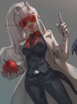  1girl ;d absurdres black_necktie black_vest breasts collared_shirt demon_girl demon_horns demon_tail food fruit goggles grey_background hand_up helltaker highres holding holding_food holding_fruit horns index_finger_raised lab_coat large_breasts long_hair looking_at_viewer loremaster_(helltaker) mechanical_arms necktie noah_(tettsui-sole) one_eye_closed pants ponytail red-tinted_eyewear red_eyes red_shirt shirt simple_background smile solo tail teeth tinted_eyewear upper_teeth_only vest white_hair 