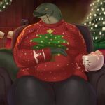 absurd_res anthro belly beverage big_belly big_breasts blush breasts candy catfish chair chocolate christmas christmas_clothing christmas_lights christmas_tree clothing colored dessert female fish food furniture goldcrustedchicken green_body hi_res holidays hot_chocolate larger_female lips looking_at_viewer marine mug plant pregnant pregnant_female sitting size_difference smile solo sweater tail thick_lips thick_thighs topwear tree whiskers yellow_eyes