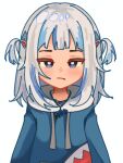  1girl blue_eyes blue_hair blue_hoodie blush closed_mouth commentary drawstring gawr_gura gawr_gura_(1st_costume) grey_hair hair_ornament half-closed_eyes highres hololive hololive_english hood hood_down hoodie looking_at_viewer multicolored_hair selena_(summerainly) shark_hair_ornament simple_background solo streaked_hair two_side_up upper_body virtual_youtuber white_background 