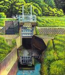  artist_name bicycle colored_pencil_(medium) commentary_request day floodgate hayashi_ryouta original outdoors real_world_location river scenery stairs traditional_media tree water 