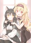  2girls :d adjusting_another&#039;s_clothes animal_ear_fluff animal_ears bare_arms black_bow black_bowtie black_hair black_tail blonde_hair blush bow bowtie cat_ears cat_girl cat_tail collared_dress company_name copyright_notice dress frills hairband highres hug hug_from_behind indoors little_witch_nobeta long_hair long_sleeves looking_at_another multiple_girls no_nose nobeta non-web_source official_art open_mouth phyllis_(human)_(little_witch_nobeta) phyllis_(little_witch_nobeta) red_eyes red_hairband sleeveless smile stitched tail very_long_hair yellow_eyes 
