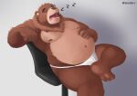 2023 anthro bear belly big_belly black_nose brown_body brown_fur chair clothing eyes_closed feet fur furniture hi_res male mammal moobs navel nipples overweight overweight_male simple_background sitting sleeping solo underwear warmbrr
