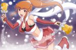  alternate_color amemiya_sayaka bell boots breasts brown_hair cheerleader christmas cleavage detached_sleeves hamu_agaki medium_breasts midriff navel open_mouth osu!_tatakae!_ouendan pink_eyes ponytail santa_boots santa_costume scarf skirt smile solo 