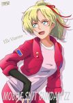  1girl artist_name blonde_hair blue_eyes blush breasts character_name efsfksx666s elle_vianno gradient_background gundam gundam_zz highres jacket leggings looking_at_viewer open_mouth ponytail ribbon short_hair small_breasts smile upper_body white_background 