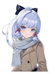  1girl absurdres black_bow blue_eyes blush bow buttons commentary_request double-breasted genshin_impact grey_hair grey_jacket grey_scarf hair_bow head_tilt highres huangwanzi jacket kamisato_ayaka long_hair long_sleeves looking_at_viewer ponytail scarf simple_background smile solo upper_body white_background 