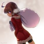  1girl ahoge ass bike_shorts black_gloves blush brown_hair christmas coat dutch_angle flat_ass from_behind fur_trim gloves hand_in_pocket hood hood_down huge_ahoge inugoya linne looking_back petite purple_eyes red_coat sack short_hair solo under_night_in-birth white_background 