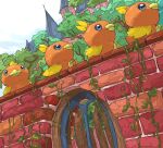  aomon_(yuuji7604) beak blue_eyes brick_wall castle feathers highres no_humans orange_feathers outdoors plant pokemon pokemon_(creature) torchic tree vines walking yellow_feathers 