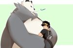 96_gatefield accessory anthro arms_around_partner backpack belly big_belly clothing duo embrace generation_6_pokemon headband hug human looking_down male male/male mammal nintendo overweight overweight_anthro overweight_male pancham pokemon pokemon_(species) size_difference smaller_male soft_belly