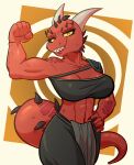 2023 amber_eyes anthro areola biped breasts cleavage clothed clothing female flexing flexing_bicep grin hand_on_hip hi_res kobold looking_at_viewer muscular muscular_anthro muscular_female narrowed_eyes pupils red_body red_scales scales scalie smile solo spikes tail teeth witchtaunter