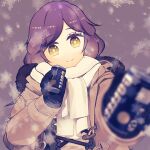  1girl black_dress blurry brown_coat can canned_coffee closed_mouth coat colored_eyelashes commentary cross-laced_clothes cross-laced_dress depth_of_field dress hijiri_byakuren incoming_drink layered_dress long_hair looking_at_viewer medium_bangs purple_background purple_hair scarf smile snowflakes snowing solo swept_bangs touhou uikyou_kaori upper_body white_dress white_scarf yellow_eyes 